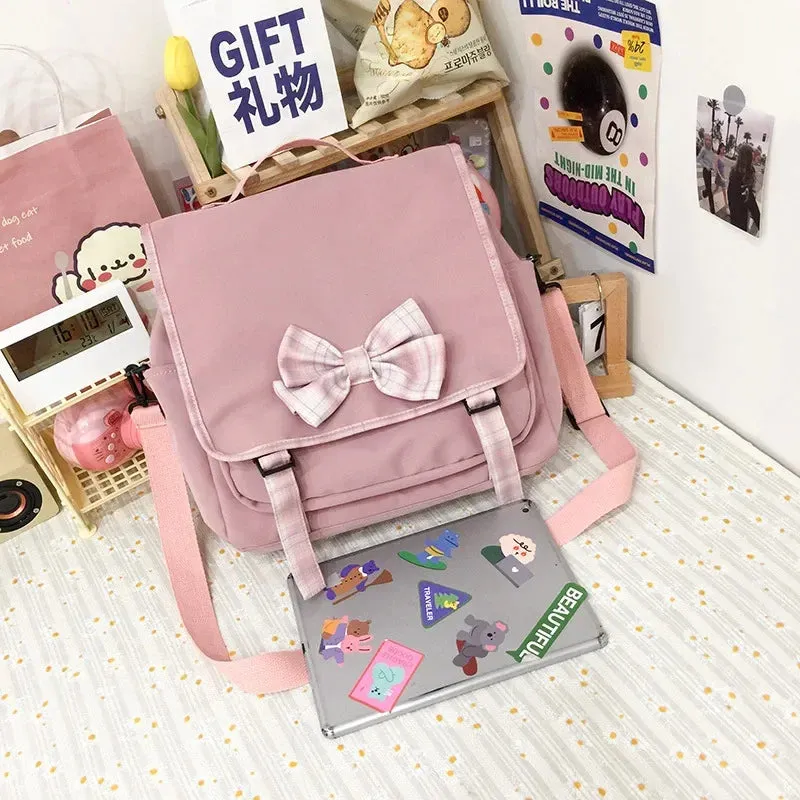 Sohiwoo Cute Lattice Bowknot Student Backpack Girl Backpack Student School Large Capacity Japanese Shoulder Bag Messenger Bag