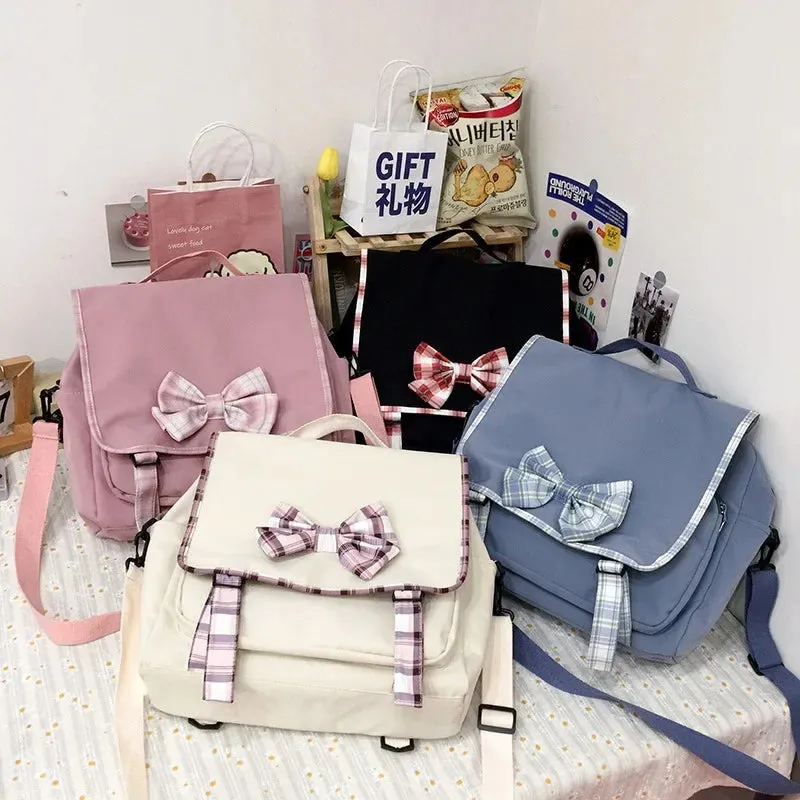 Sohiwoo Cute Lattice Bowknot Student Backpack Girl Backpack Student School Large Capacity Japanese Shoulder Bag Messenger Bag