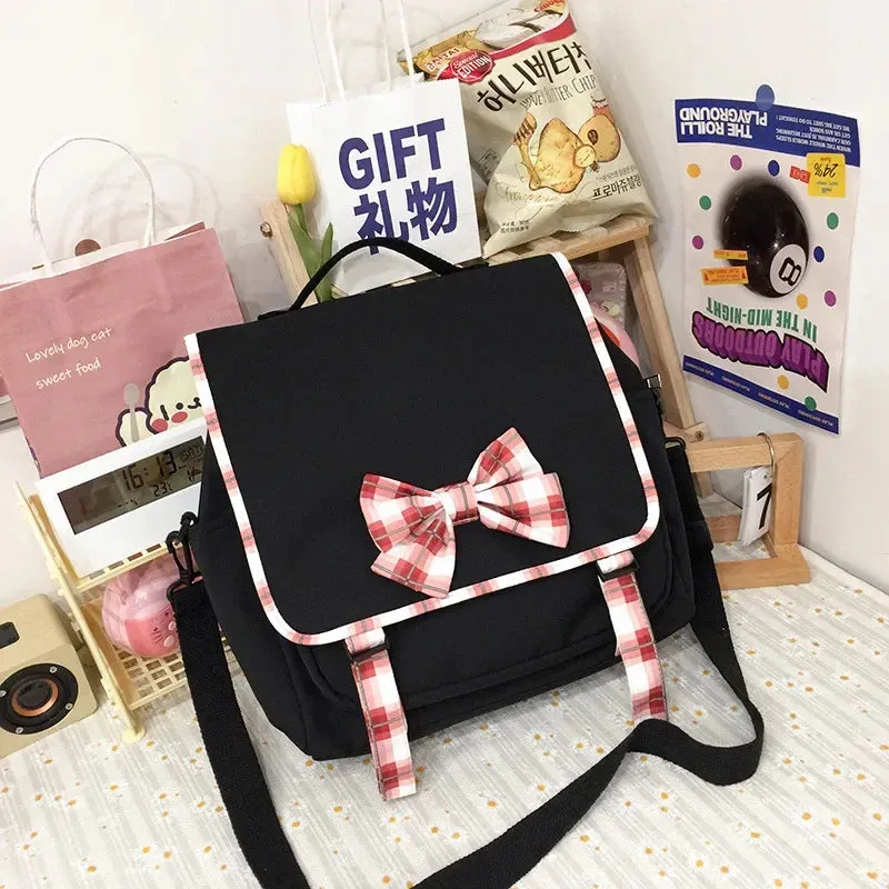 Sohiwoo Cute Lattice Bowknot Student Backpack Girl Backpack Student School Large Capacity Japanese Shoulder Bag Messenger Bag