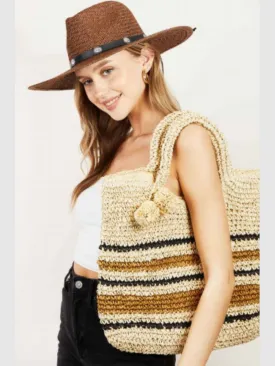 Women Fame Striped Straw Braided Tote Bag