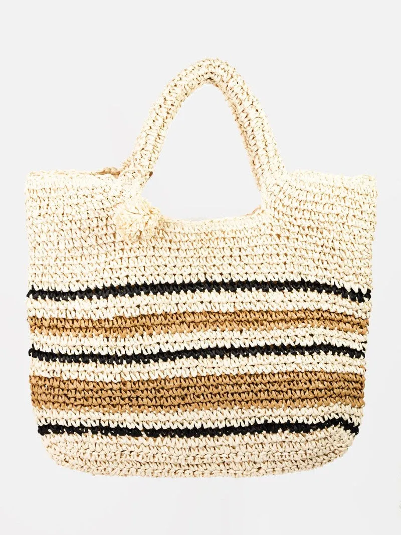 Women Fame Striped Straw Braided Tote Bag