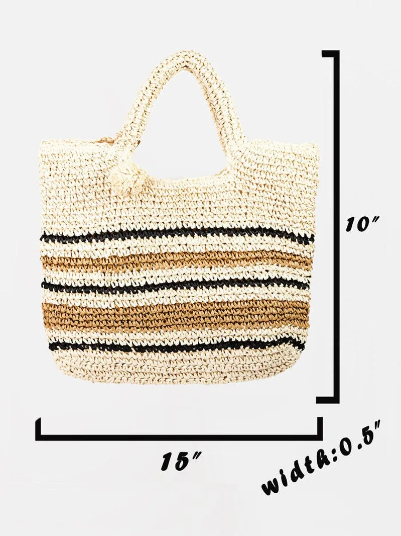 Women Fame Striped Straw Braided Tote Bag