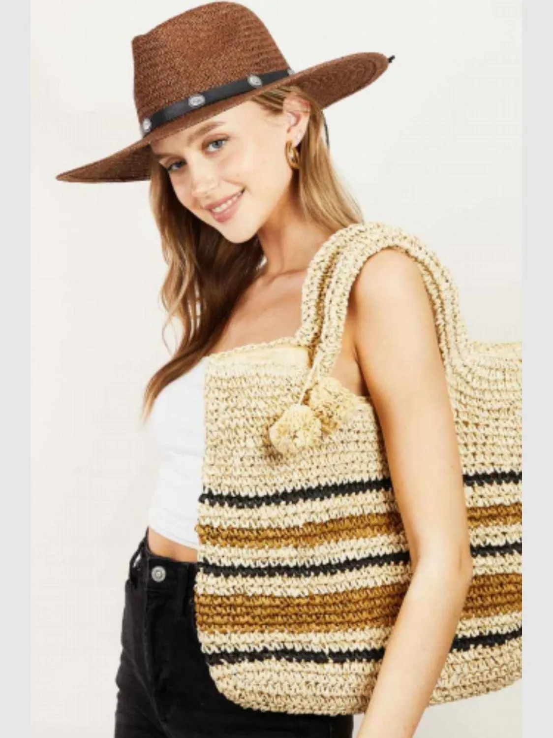 Women Fame Striped Straw Braided Tote Bag