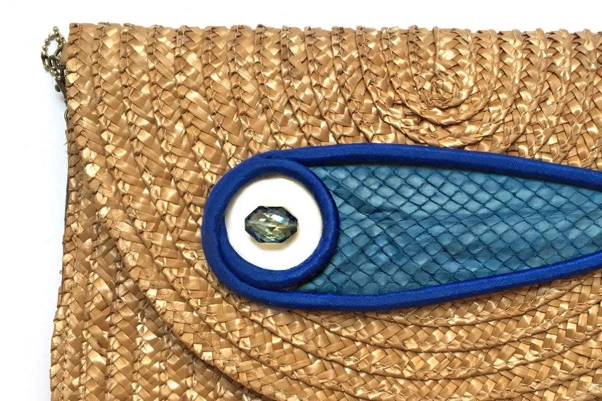 Woven straw Gold Blue Fish Maxi Clutch