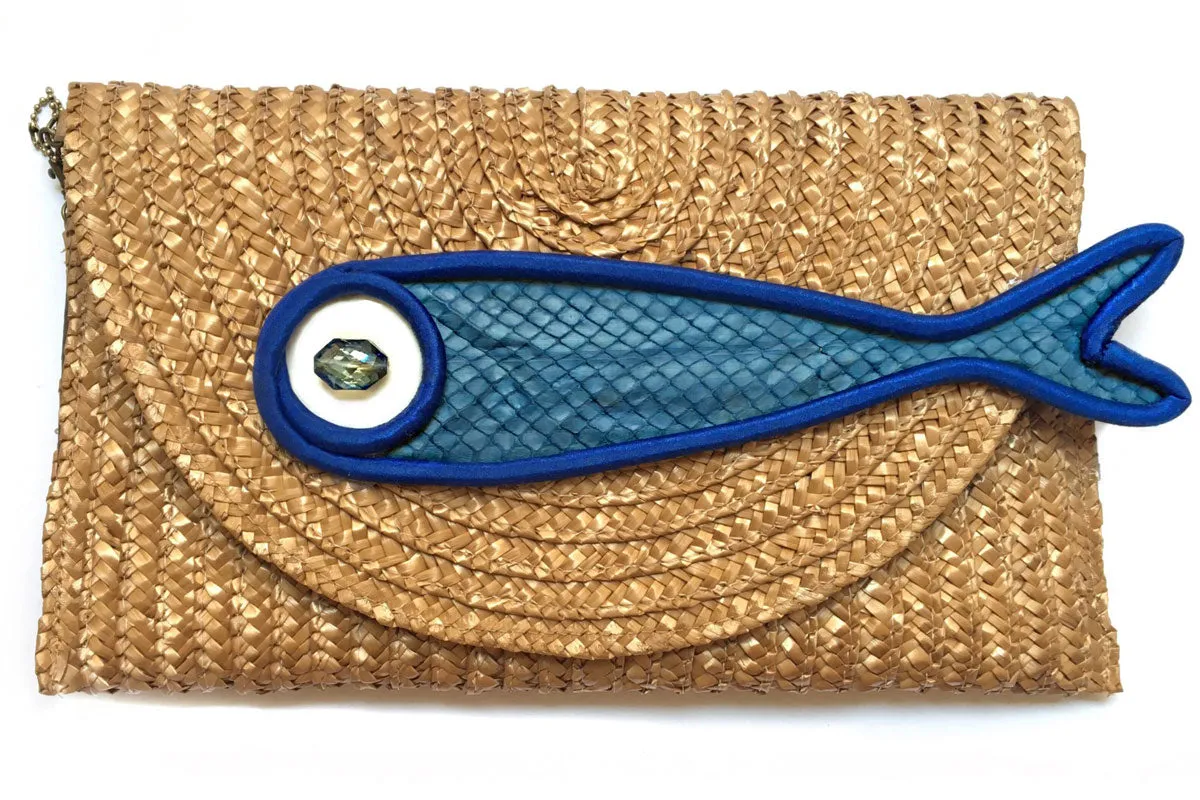Woven straw Gold Blue Fish Maxi Clutch