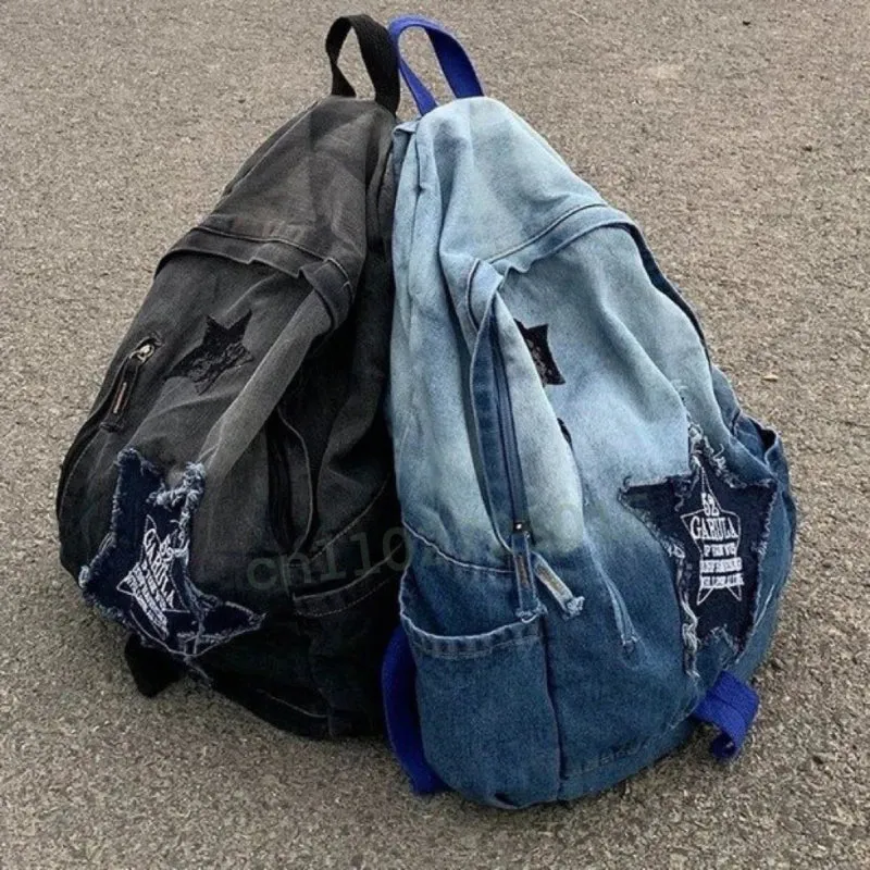 Y2K Korean Casual Denim Backpack Fashion Star Pattern Large Capacity Student Schoolbag Teenagers Punk Travel Vintage Book Bag