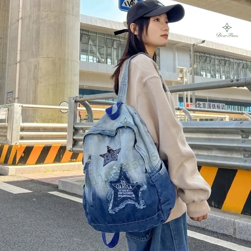 Y2K Korean Casual Denim Backpack Fashion Star Pattern Large Capacity Student Schoolbag Teenagers Punk Travel Vintage Book Bag