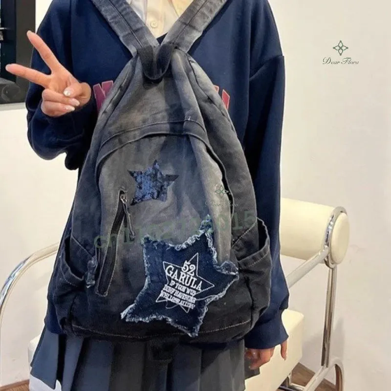 Y2K Korean Casual Denim Backpack Fashion Star Pattern Large Capacity Student Schoolbag Teenagers Punk Travel Vintage Book Bag